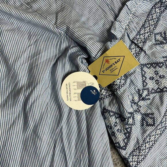 St Johns Bay Women Blouse Women XXL Blue Stripe Scoop Oversized Embroidered Bell - Picture 4 of 14